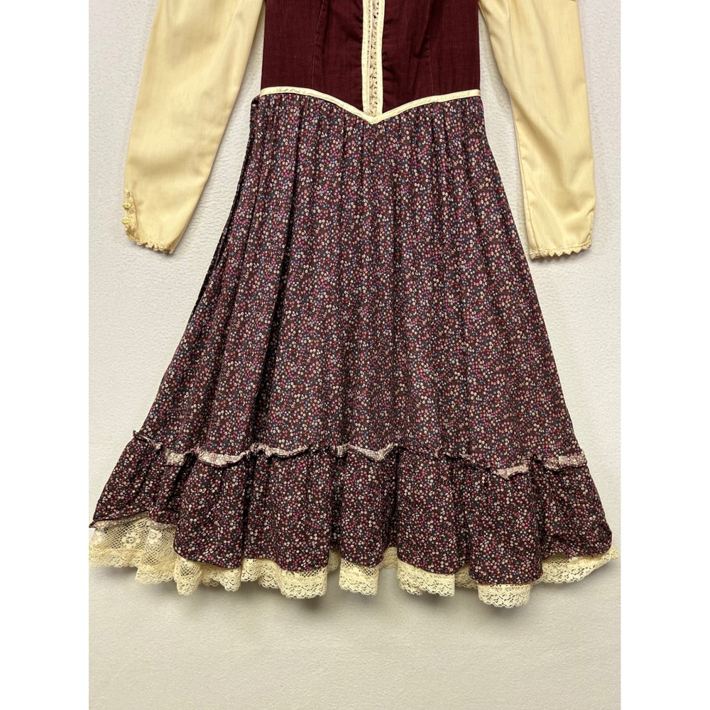 Gunne Sax Vintage Prairie Dress Womens XS Burgundy Floral Lace 70s Boho Dress - Picture 12 of 13